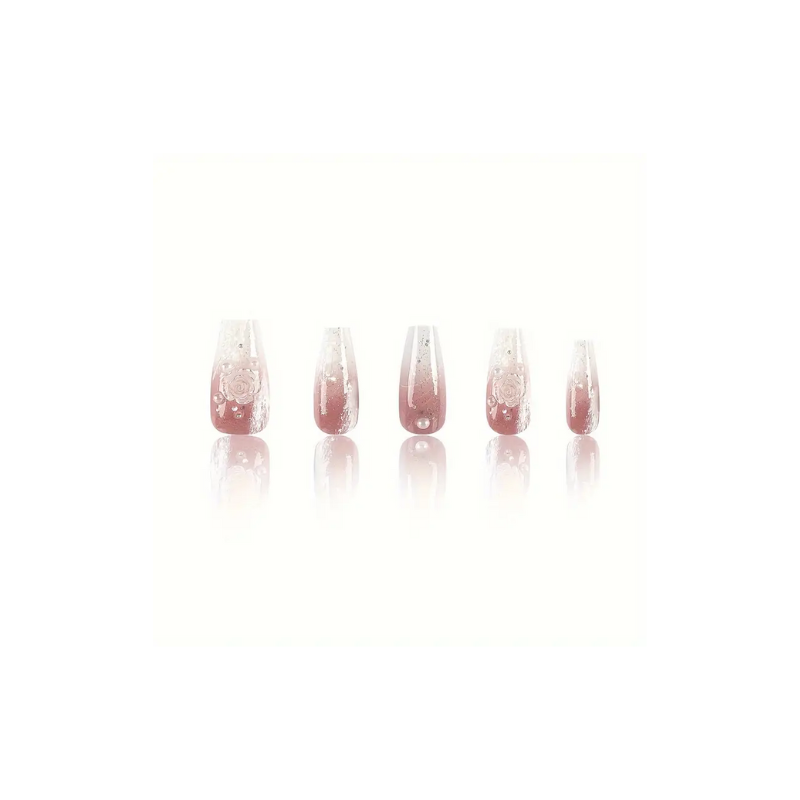 Rose Reign Long Coffin Press On Nails | Handmade Bridal Nails with Pearls, Roses & Pink Accents | Luxury Reusable Ombre Nails