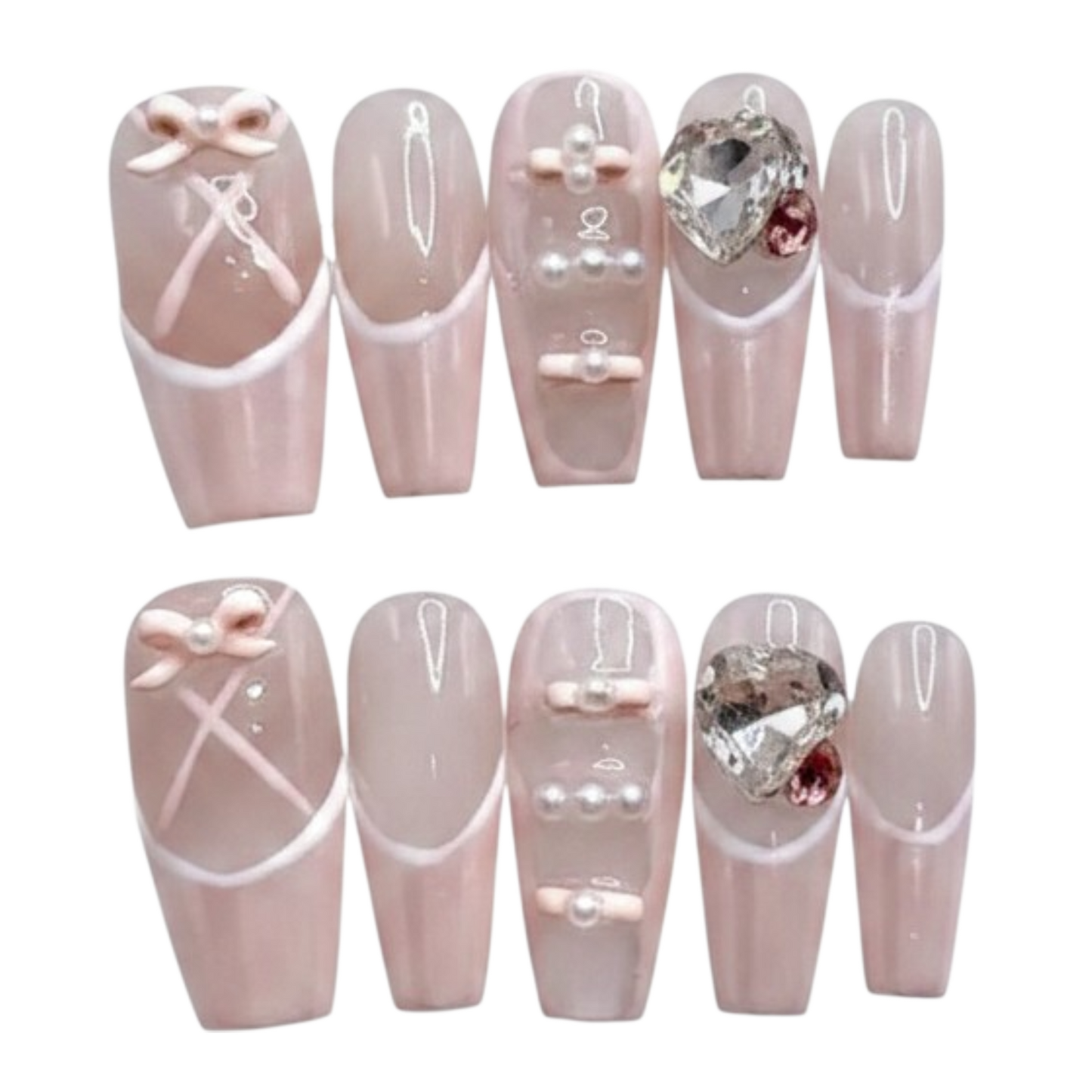 Ballet Crush long coffin handmade nails with pearly pink finish, bows, pearls and heart crystals