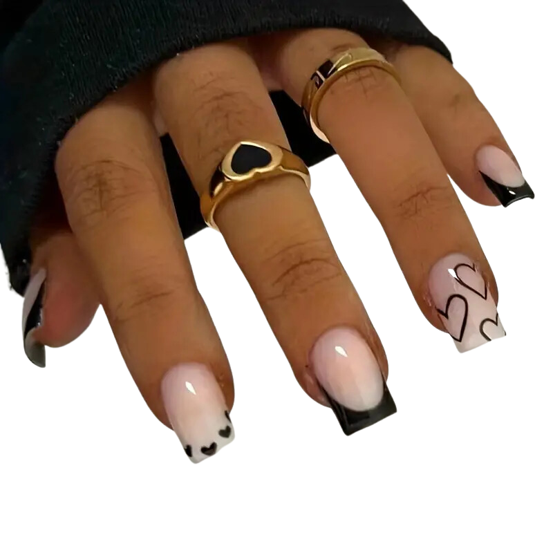 Press on Nails with Black Heart French Tip Design