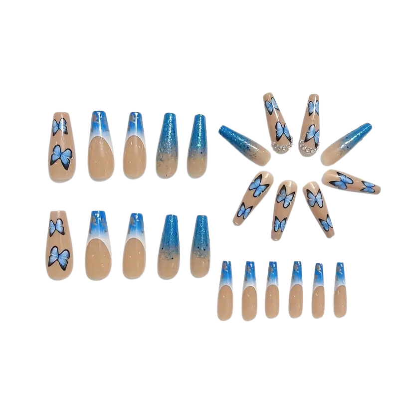 Extra long blue and white French tip nails with sparkle loose nails