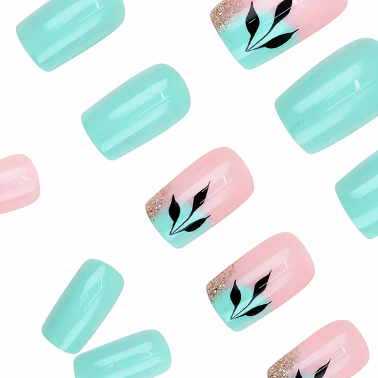 Mint Leaf | Medium Square Mint Green Leaf Press-On Nails