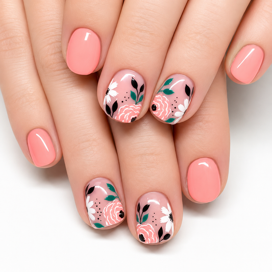 Garden Kiss short squoval floral press-on nails in pink with white flowers, green leaves, and glossy accent nails