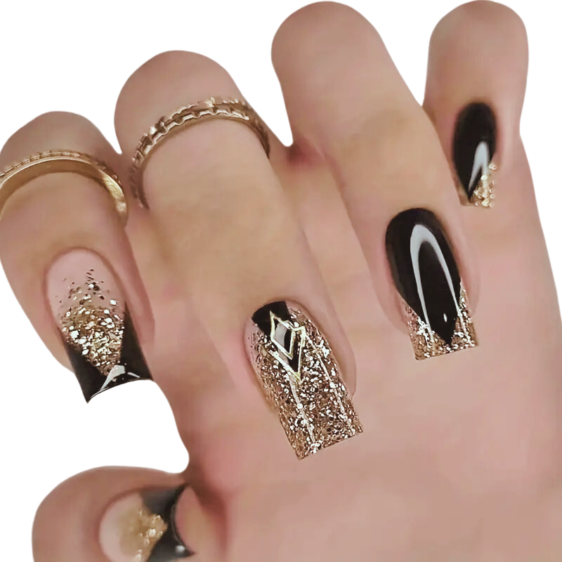 Gold and Black Sparkle Nails