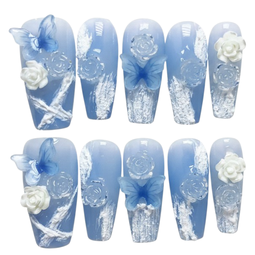 Azure Garden Long Coffin Handmade Nails