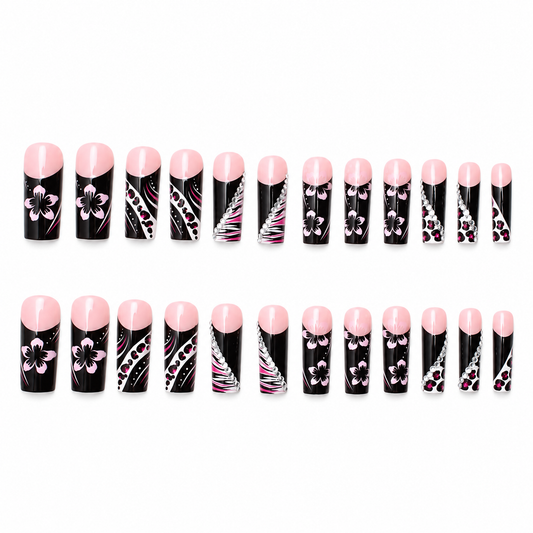Midnight Hibiscus Extra Long Square Press-On Nails