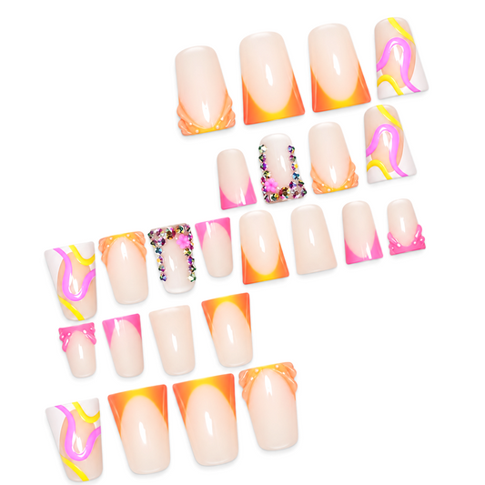 Snazzi Pink Shop Citrus Swirl medium duckbill press-on nails with pink, orange, and yellow swirls and crystal accents.
