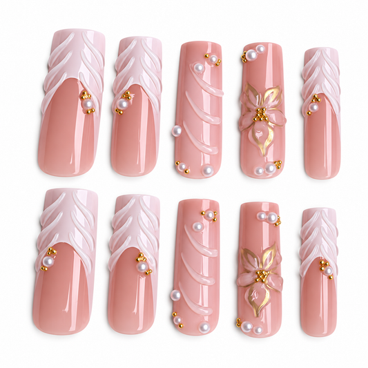 Pearl Petals Extra Long Square Press-On Nails