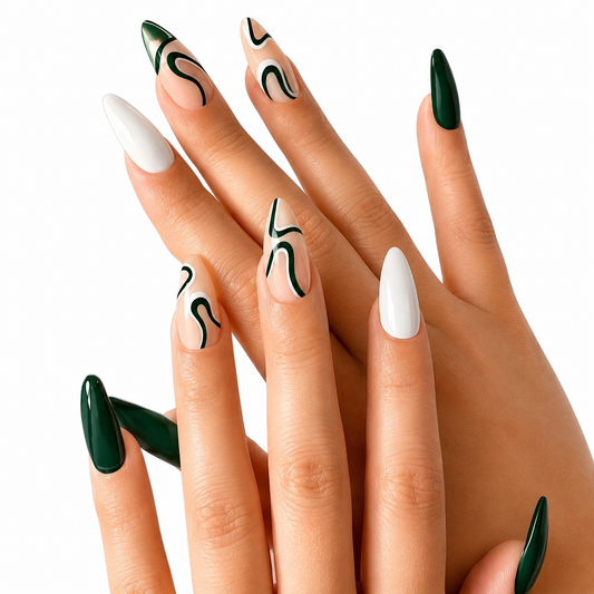 Modern Muse Long Almond Press-On Nails | Abstract Swirl Design in Black, Emerald Green & Wine Red