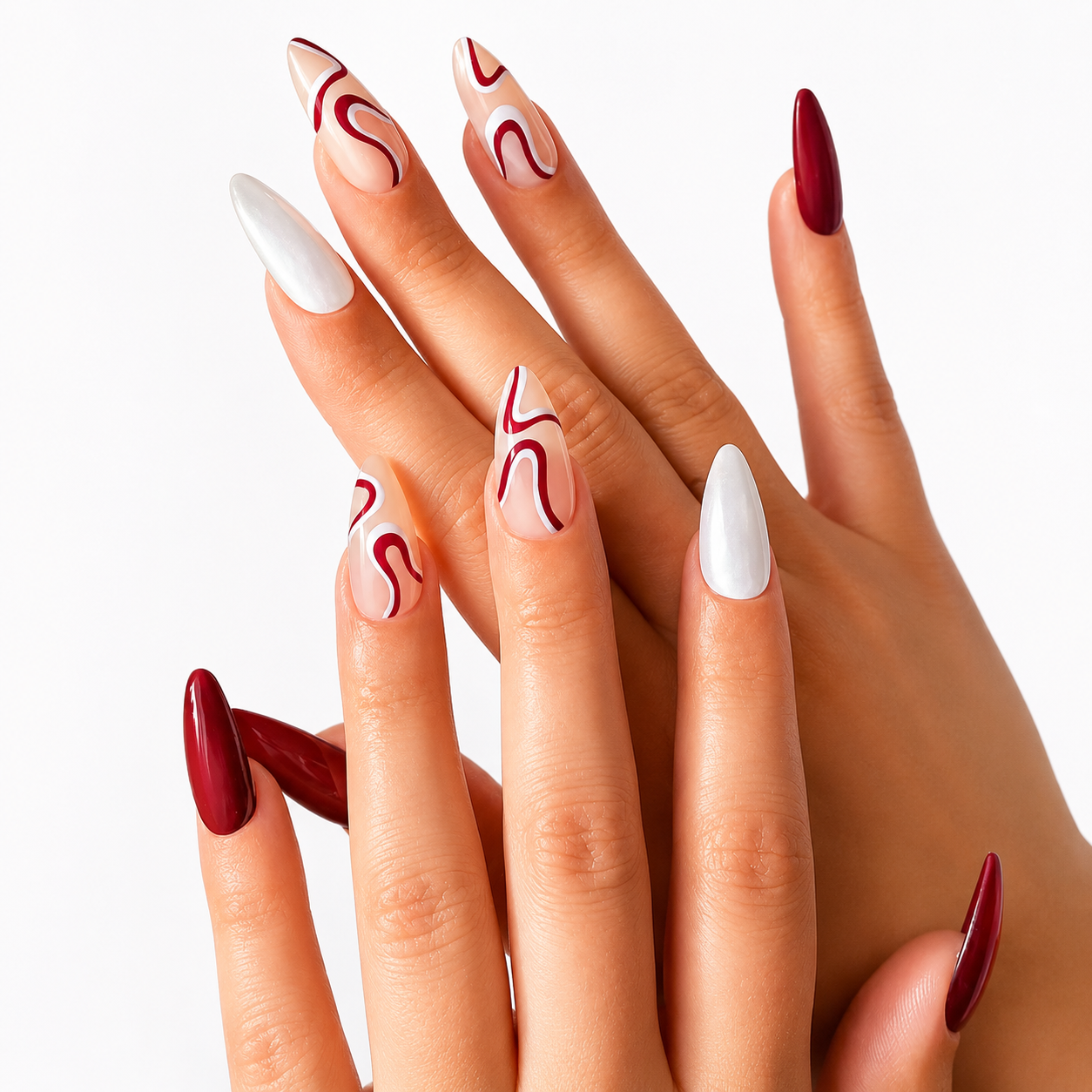 Modern Muse Long Almond Press-On Nails | Abstract Swirl Design in Black, Emerald Green & Wine Red