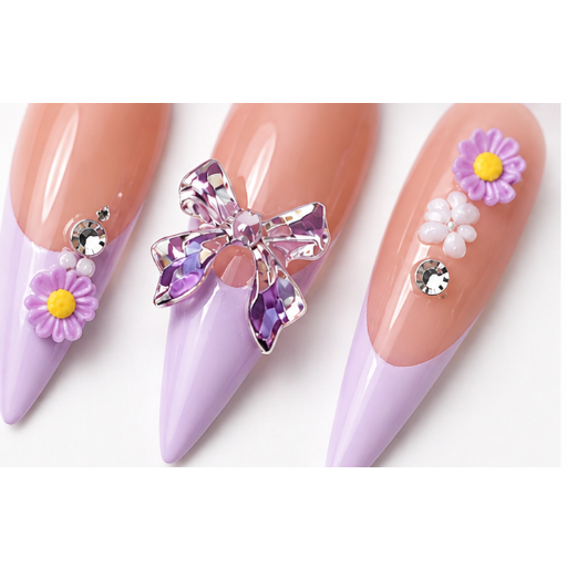 Lavender Drip Extra Long Stiletto Press-On Nails | Lavender French Tips with Crystal Bows & Daisy Charms