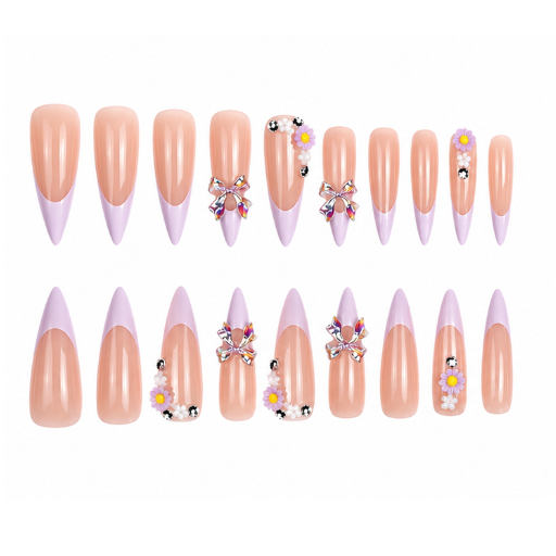 Lavender Drip Extra Long Stiletto Press-On Nails | Lavender French Tips with Crystal Bows & Daisy Charms