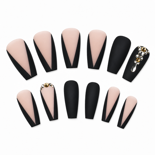 Midnight Heiress | Black Rhinestone Long Coffin Press-On Nails