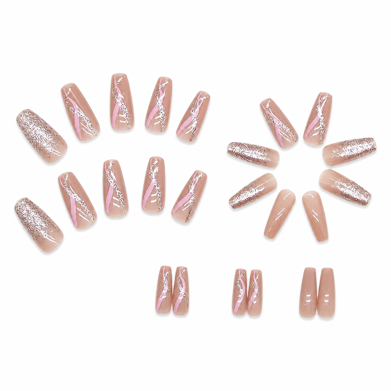 Rose Ribbon | Long Coffin Rose-Gold Press-On Nails