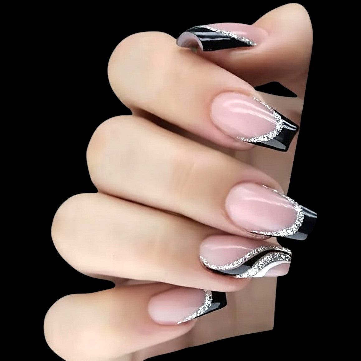Silver Swerve | Black French-Tip Coffin Press-On Nails