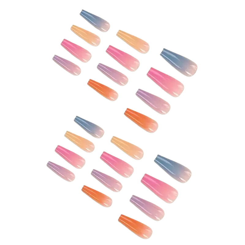 Set of colorful nail tips arranged in a pattern on a white background. Bold summer rainbow nails in pink, purple, orange and blue.