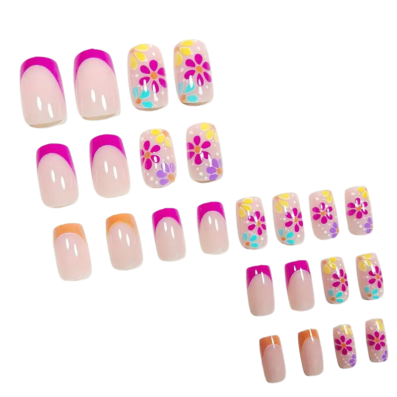 Discover Snazzi Nails Flowery Day Nails—a chic collection of colorful press-ons in short square designs. Enjoy floral patterns in pink and yellow alongside solid vibrant tips, all neatly arranged for a stylish DIY full-cover nails experience.