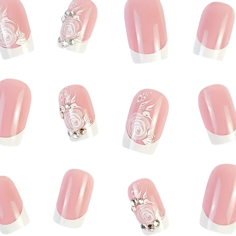 Rose French | Medium Square Floral Press-On Nails