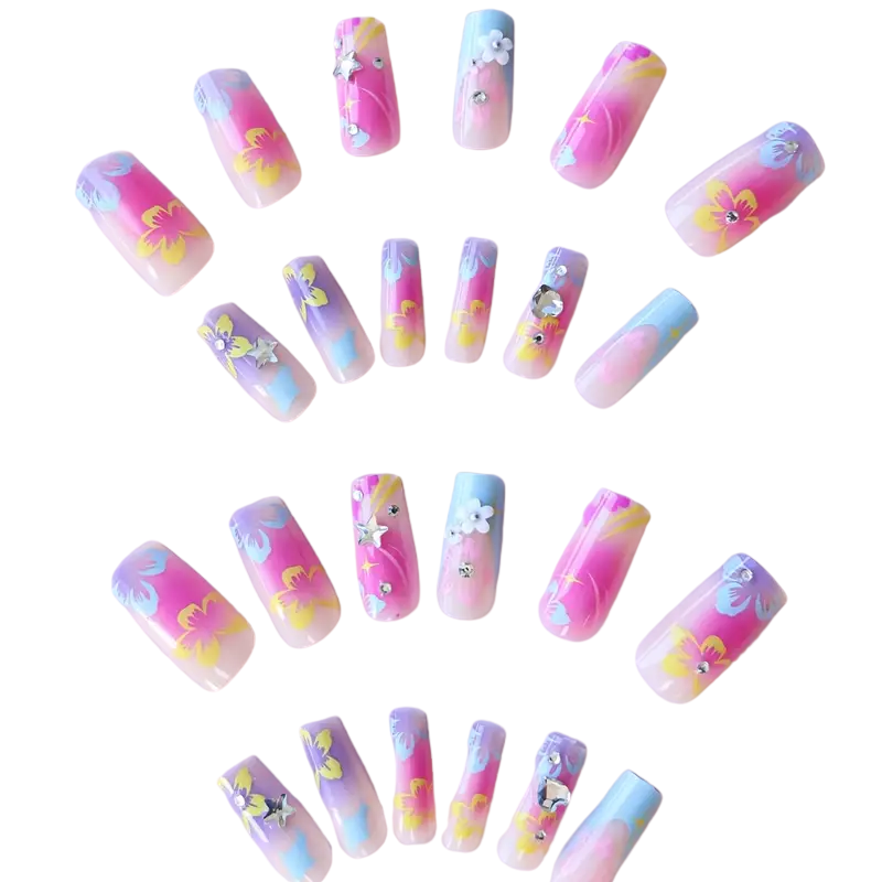 Garden Pop | Long Square Floral Press-On Nails