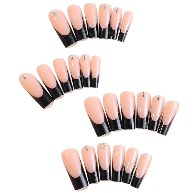 Crystal Tuxedo | Extra-Long Square Black French Press-On Nails