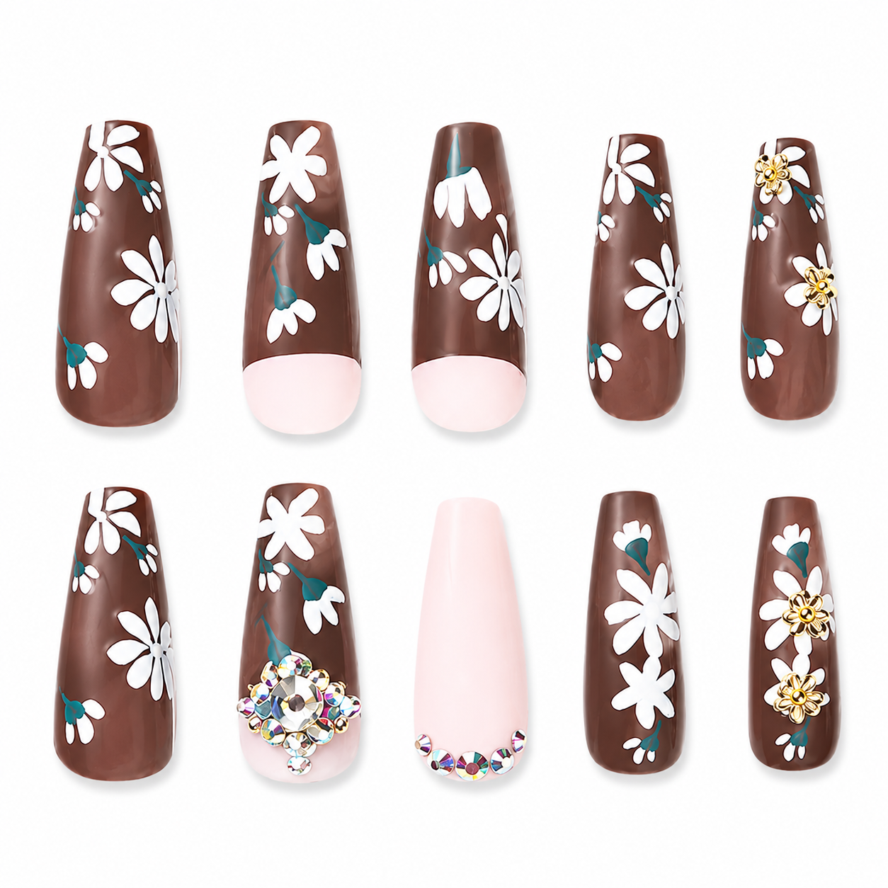 Woodland Daisy Press-On Nails | Floral Woodgrain Coffin Nails