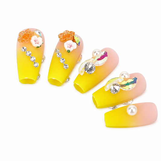 Lemon Haze Long Coffin Press-On Nails | Yellow Ombré Floral Charm Nails