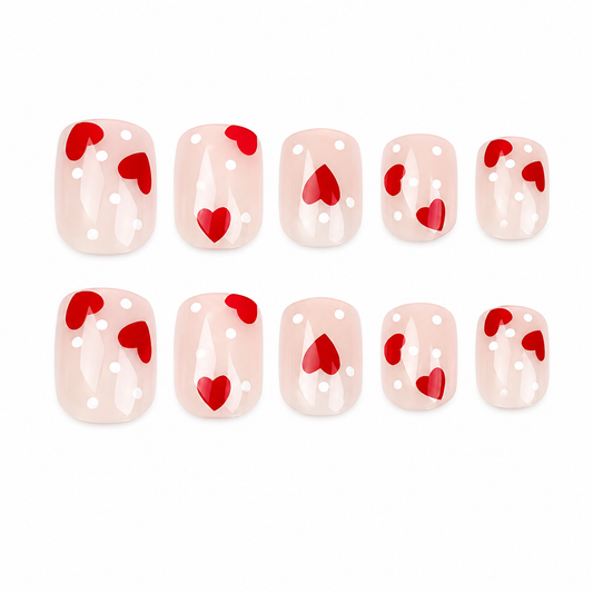 Lovely Red Short Square Press-On Nails | Romantic Heart Nails