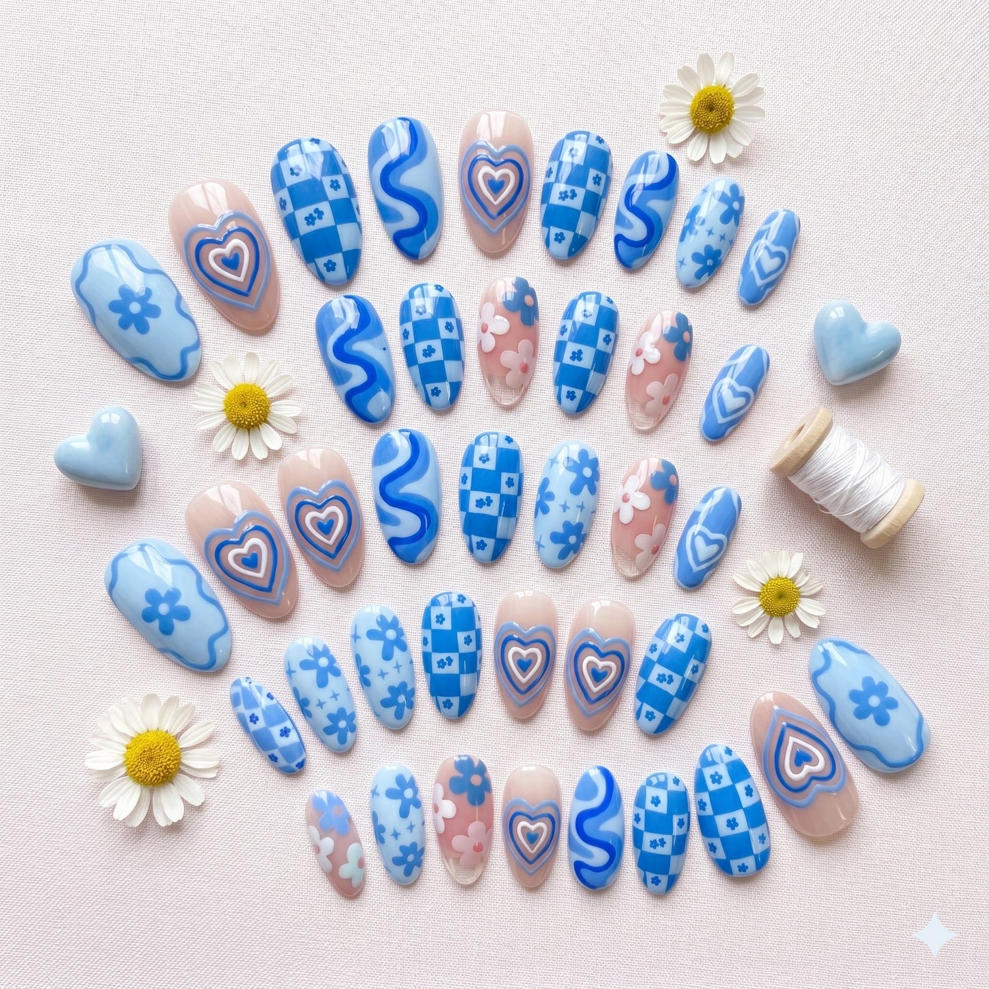 Groovy Hearts | Petite Fit Almond Press-On Nails | Y2K Blue Pink Daisy & Hearts Retro Glam