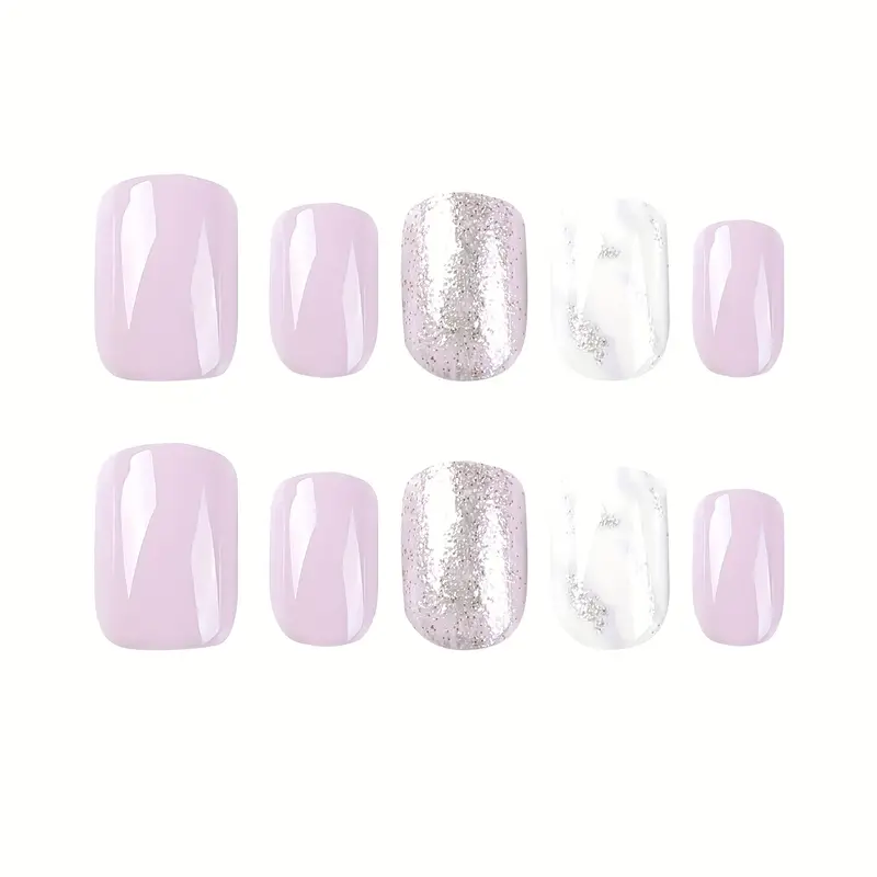 Pink Glitz Nails🎀 Extra Short Squoval Glossy Press On Nails – Pink with Glitter Accents, Everyday Glam