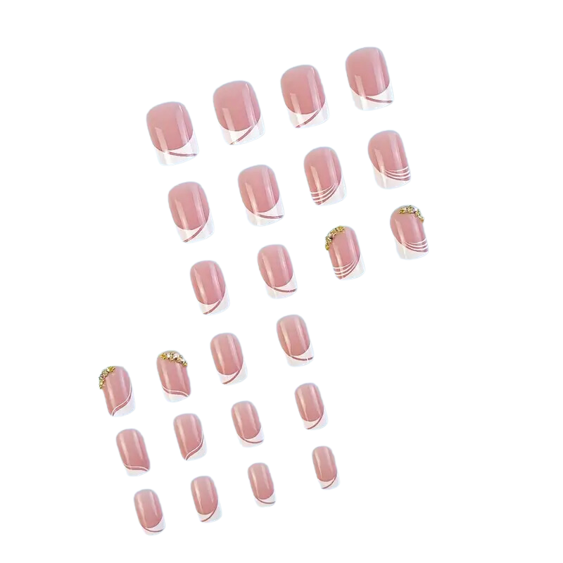 Snazzi Nails Glossy Rhinestone Nails feature 24 pink press-on nails with a glossy finish and white diagonal stripes, embellished with rhinestones at the tips. Designed with a French white edge, they come in various sizes for a perfect fit for any occasion.