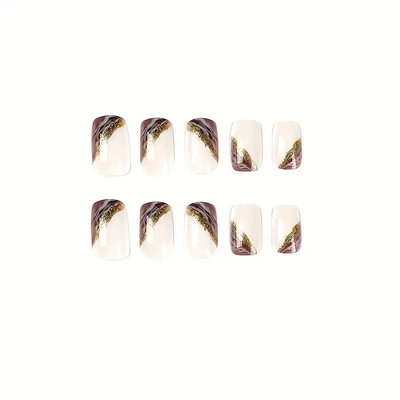 The Purple Marble Nails set by Snazzi Nails includes ten DIY full cover nails in two rows. Each features a white base with purple and gold diagonal accents, offering a glossy finish similar to luxurious purple marble. The plain white background enhances their elegance.