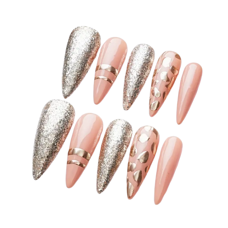 Set of decorative and reusable luxury press-on nails in bold peach and silver design and sparkle finishes on a white background