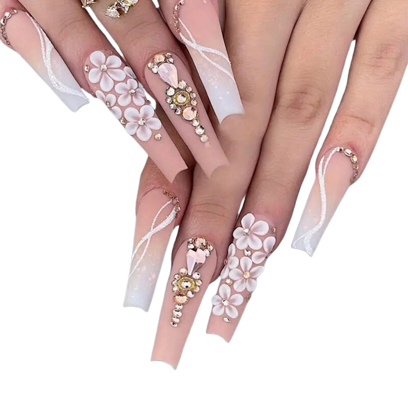 A set of extra long artificial nails with a pink base and white stripes, featuring floral designs and 3D embellishments.