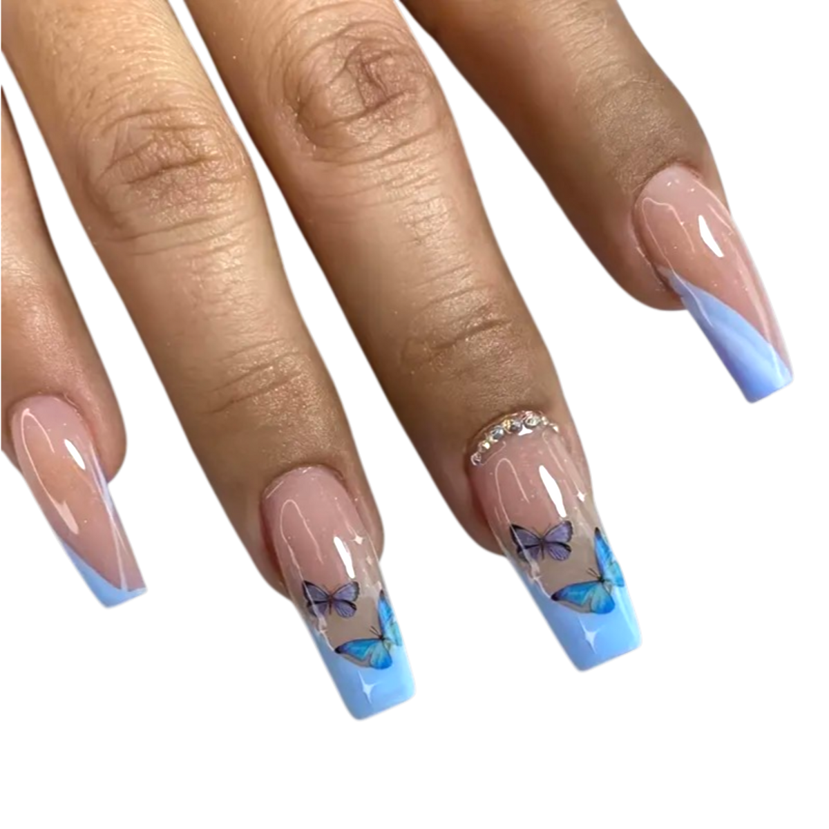 Snazzi Pink Shop long coffin press-on nails with baby blue French tips, butterfly art, and rhinestone accents.
