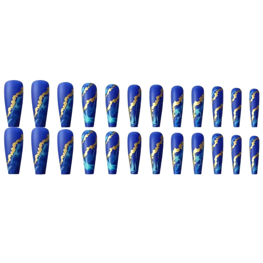 Snazzi Pink Shop extra long coffin press-on nails in royal blue with sapphire marble and metallic gold lightning art.