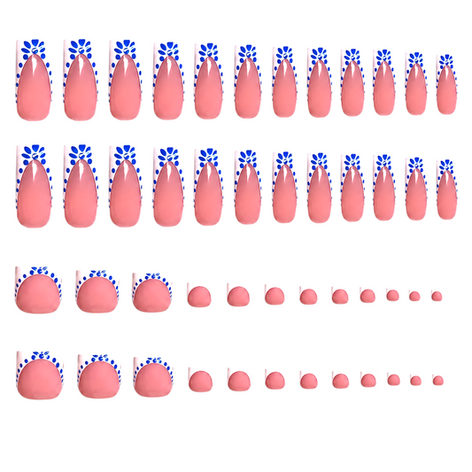 Snazzi Pink Shop Blue Belle square long press-on nails with cobalt blue floral French tips and sheer nude base