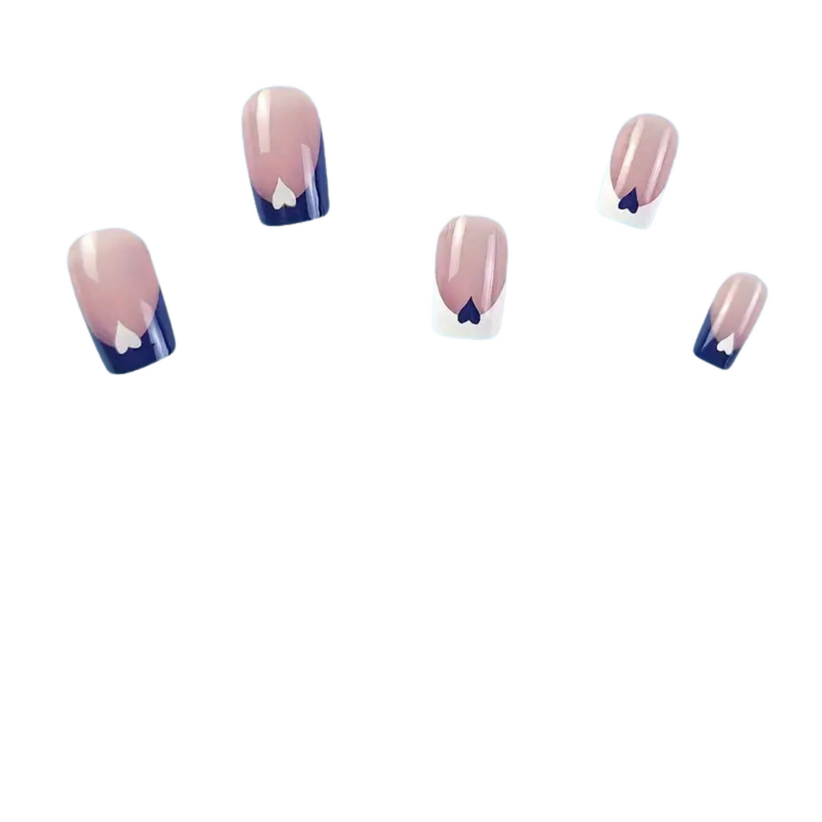 Snazzi Pink Shop medium press-on nails with a glossy blue heart French tip design on a nude base.