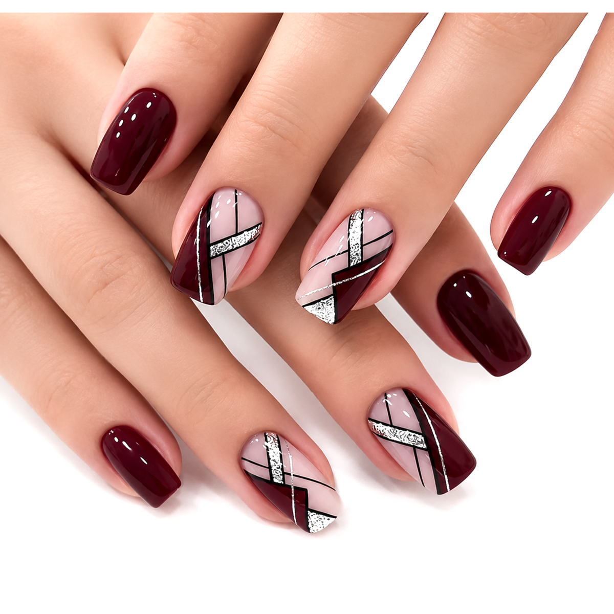 Snazzi Pink Shop After Hours medium square press-on nails with burgundy, blush, and metallic silver geometric lines.