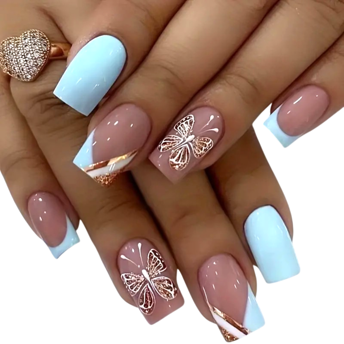 Snazzi Pink Shop Golden Flutter medium square press-on nails with baby blue French tips and rose gold butterfly art.