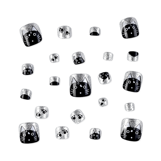 Snazzi Pink Shop Midnight Meow press-on toenails with black cat faces, paw prints, and silver glitter glossy finish.