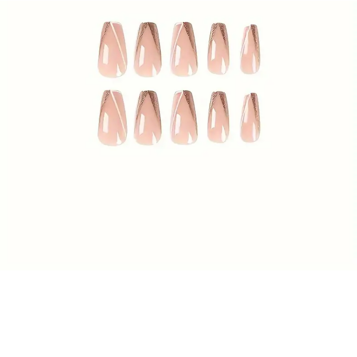 Snazzi Pink Shop Champagne Veil long coffin press-on nails in nude-pink with white line art and champagne glitter.