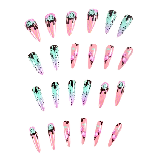 Snazzi Pink Shop Choco Mint extra long stiletto press-on nails with mint, pink, and chocolate ice cream drip designs.