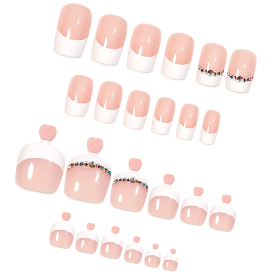 Snazzi Pink Shop Ever After matching square French tip press-on nails and toenails with crystal accents.