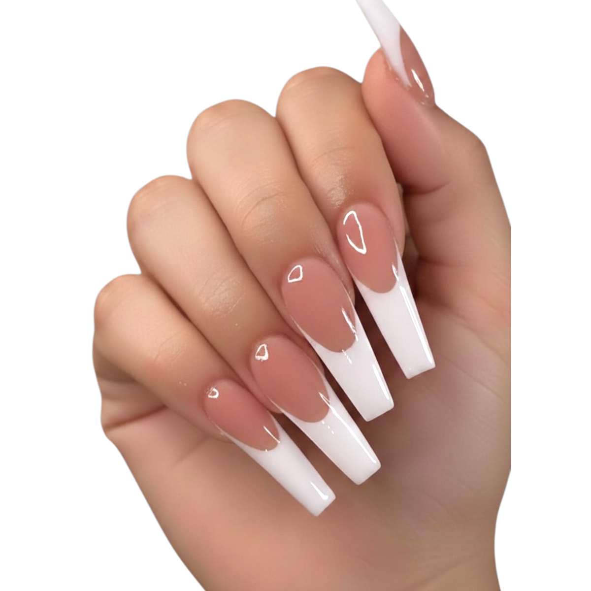 Snazzi Pink Shop extra long coffin press-on nails with a nude base and classic white French tips in a glossy finish