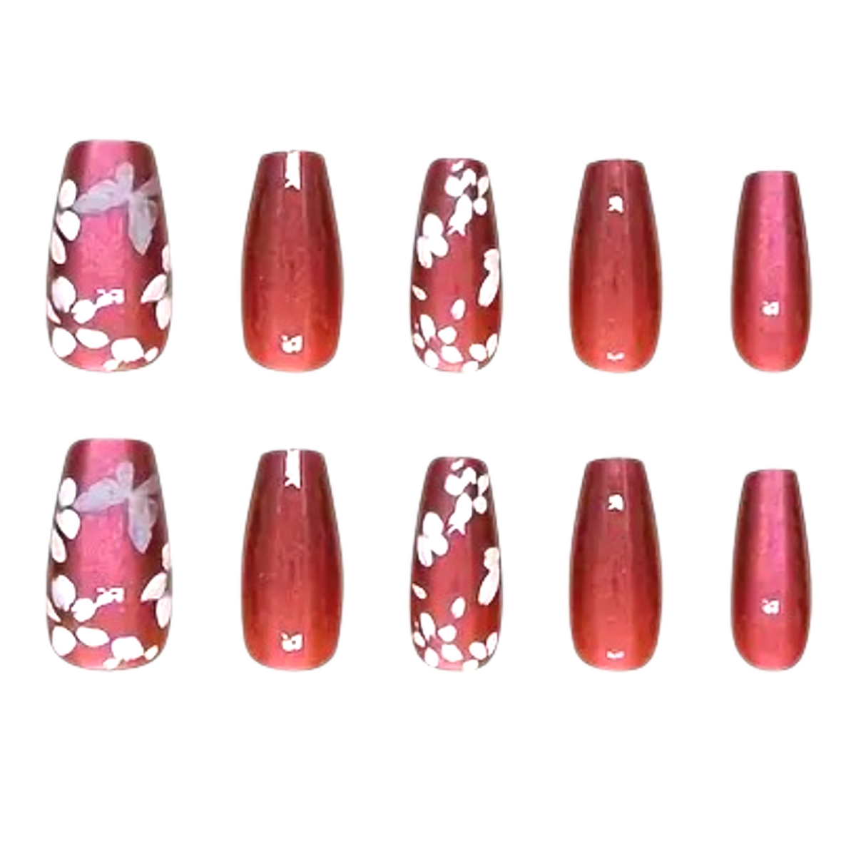 Snazzi Pink Shop Mahogany Petals medium coffin nails with glossy mahogany-brown finish and white lavender floral art