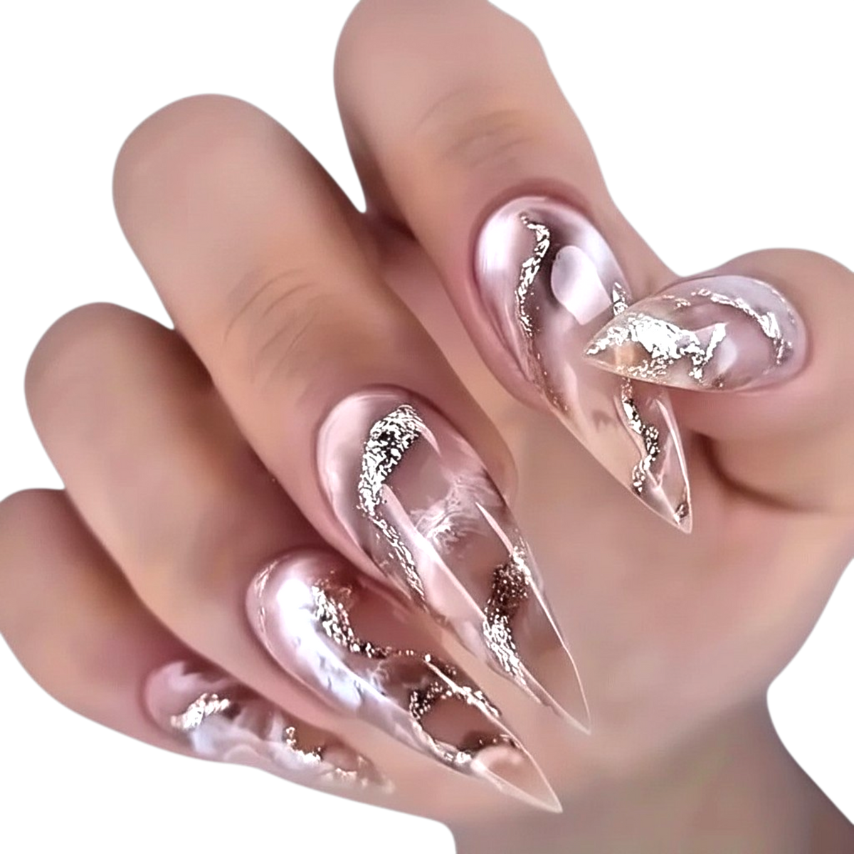 Snazzi Pink Shop long stiletto press-on nails with nude and brown marble design and shimmering silver foil veining.