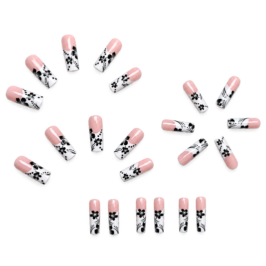 Snazzi Pink Shop Midnight Blossom extra long square press-on nails with blush pink and black floral French tip art