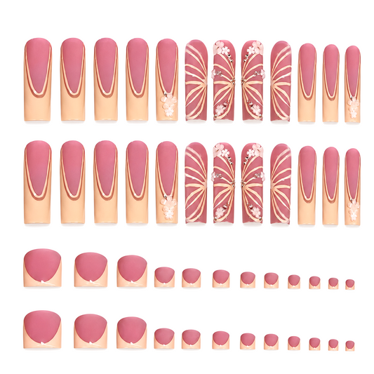 Snazzi Pink Shop Peach Petal matching nail and toe set with peach tones, champagne French tips, and floral accents.
