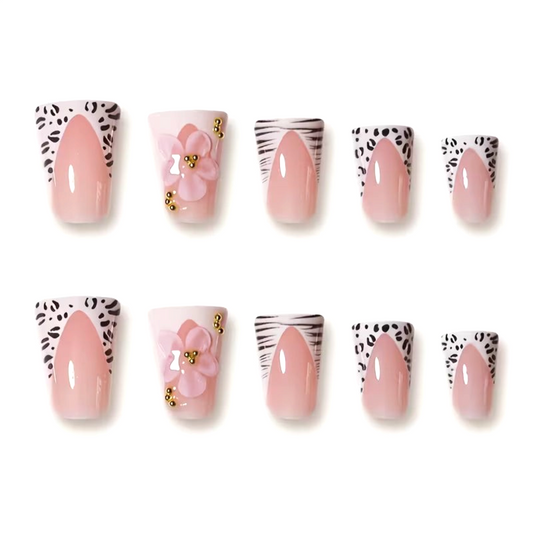 Snazzi Pink Shop Pink Safari Bloom medium duckbill press-on nails with leopard, zebra, and floral 3D accents.