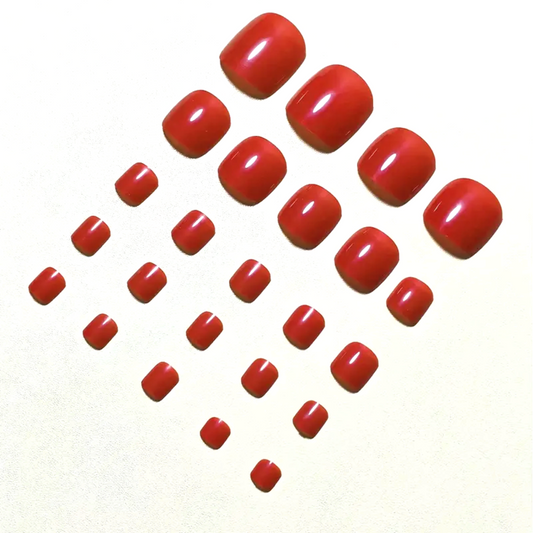 Snazzi Pink Shop Red Bliss press-on toenails featuring a bright red color and a smooth high-gloss finish.