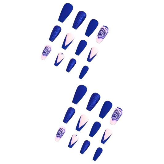 Snazzi Pink Shop Royal Rose Reign long coffin press-on nails in matte royal blue with 3D rose and rhinestone accents.